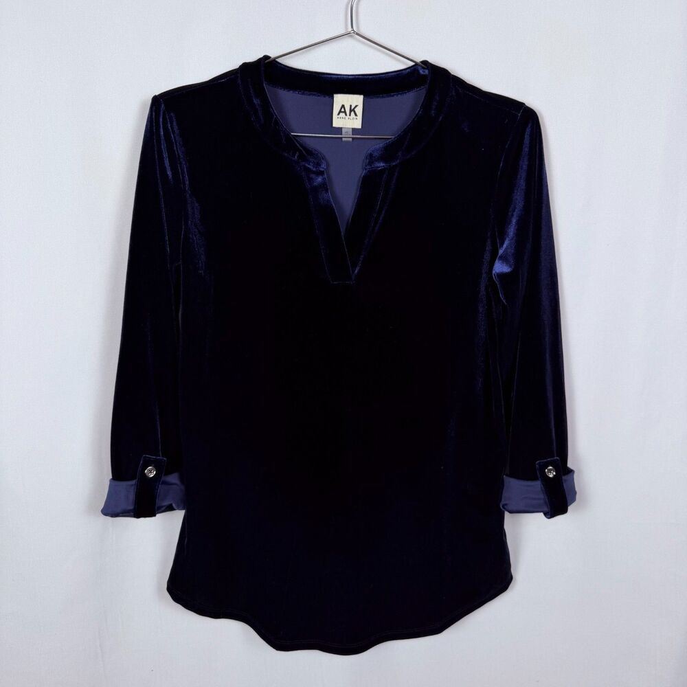 Anne Klein Velvet Blouse Shirt Womens Petite PS Blue V-Neck 3/4 Roll Tab Sleeve